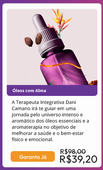 A Terapeuta Integrativa Dani Camano irá te guiar em uma jornada pelo universo intenso e aromático dos óleos essenciais e a aromaterapia no objetivo de melhorar a saúde e o bem-estar físico e emocional. 
